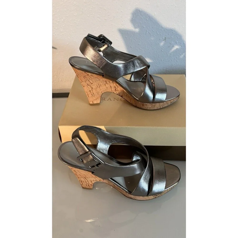 Franco Sarto Women's L-Talka-Accaio Silver ‎ Cork Heel Sandals Size 8M NW BOX